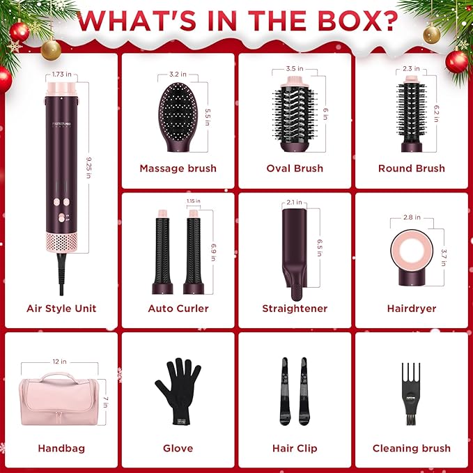 MaxAIR 2.0 7-in-1 Hot Air Styler, Dual Voltage Multi-Styler Set, High Speed Hair Dryer Brush with Air Hair Straightener, 1.1 Inch Auto-Wrap Curlers, 110,000RPM, Shiny Hair, Jasper Plum
