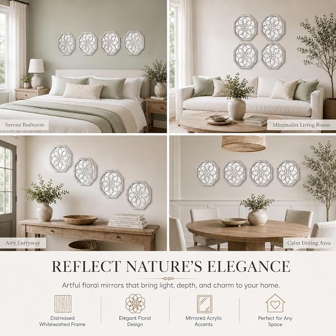 4 Pack 12 Inch Octagon Grey Rustic Wood Frame Acrylic Wall Mirrors, Farmhouse Boho Wall Art Decor for Living Room, Bedroom, Hallway, Entryway, Bathroom & Office