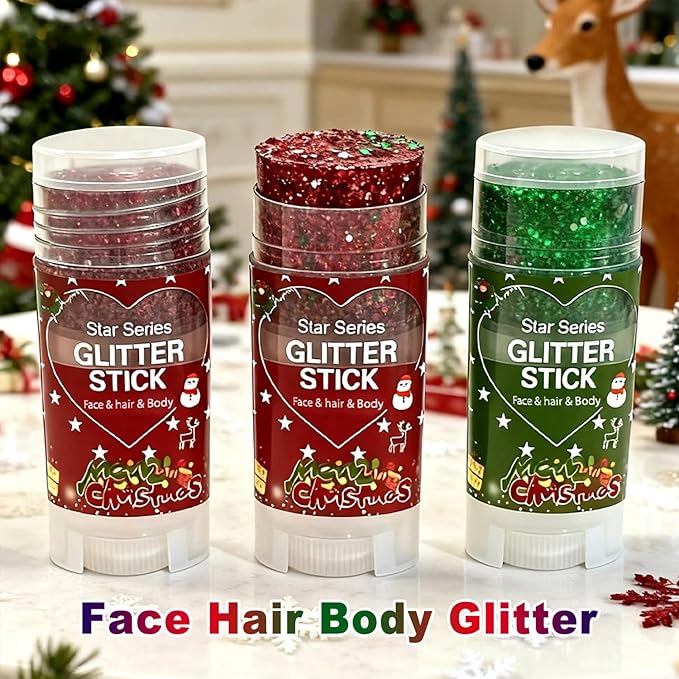 Green Red and White Body Glitter Stick, Christmas Hair Glitter for Kids Women,Xmas Party Festivel Accessories Outfits Face Glitters Makeup, Long Lasting Chunky Sequins Gel for Christmas (Green)