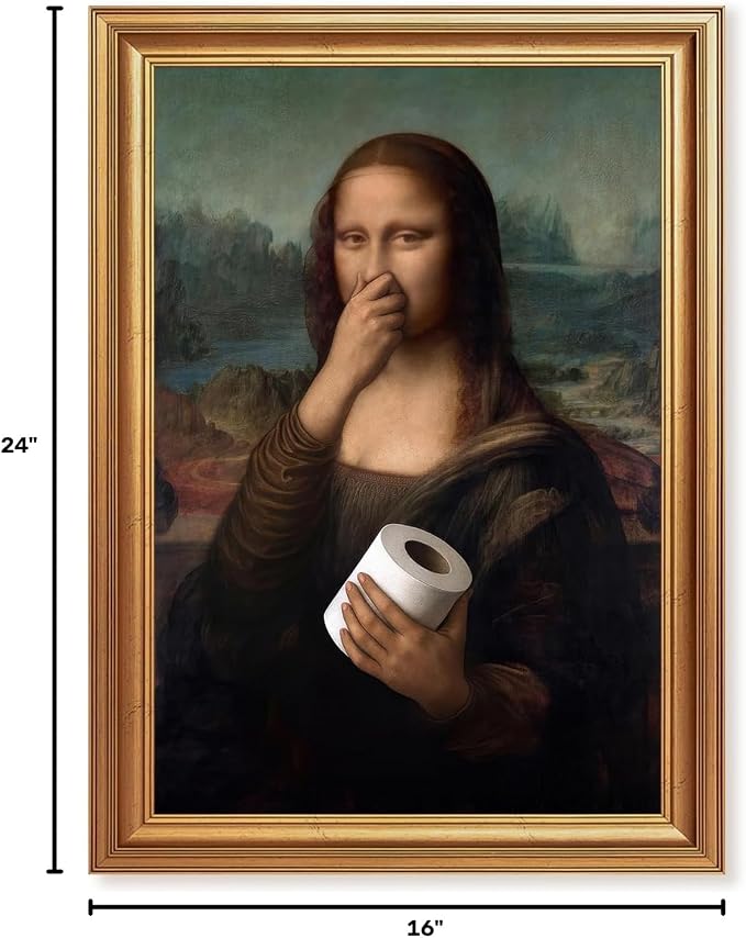 ICHZUMW Gold Framed Funny Mona Lisa Toilet Paper Canvas Wall Art, 16x24 In | Quirky Humorous Parody Painting Bathroom Wall Decor, Restroom Powder Room Guest Toilet, Fade Resistant, Ready to Hang