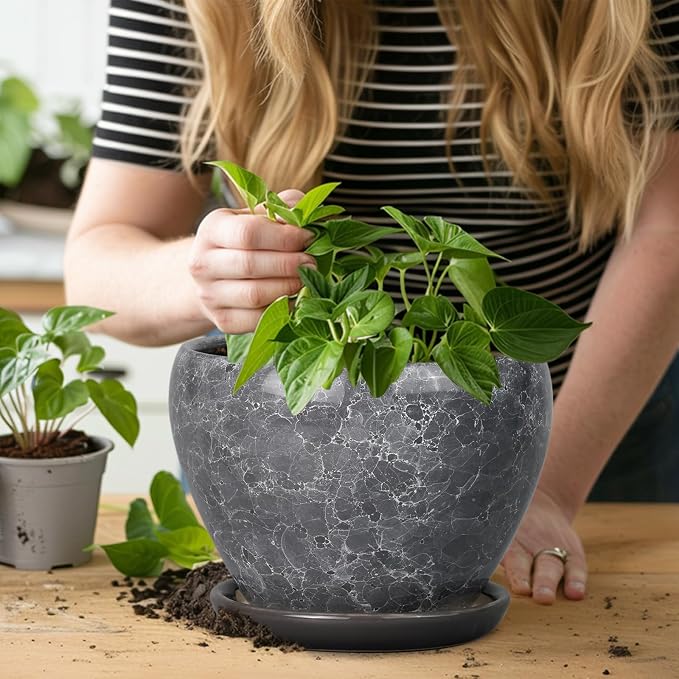 Ceramicfor 8 Inch Plant Pot - Ceramic Planter Pot with Drainage Hole and Saucer, Glaze Garden Pot Modern Flower Pot for Indoor Plants, Gray