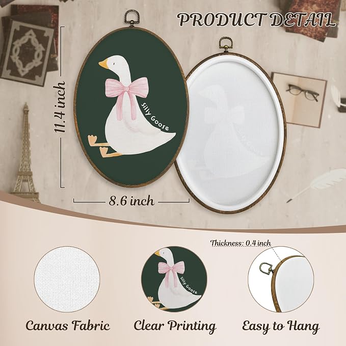 LKETW Coquette Pink Bow Silly Goose Oval Wall Art Decor, Dark Green Goose Oval Canvas Hanging Decor, Preppy Farmhouse Animal Wall Decorations for Girly Room Bedroom Dorm Home, 8.6x11.4 Inch
