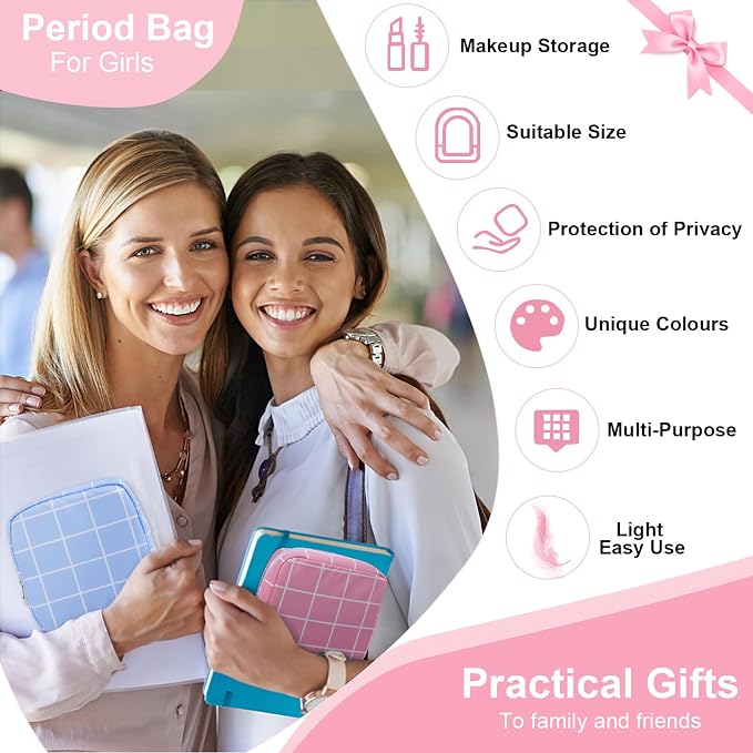Period Bag Pouch Soft Cloth Sanitary Napkin Storage Bag Portable Menstrual Pad Pouches Tampon Holder for Purse First Period Kit for Girls 9-12 (Blue-White Check)