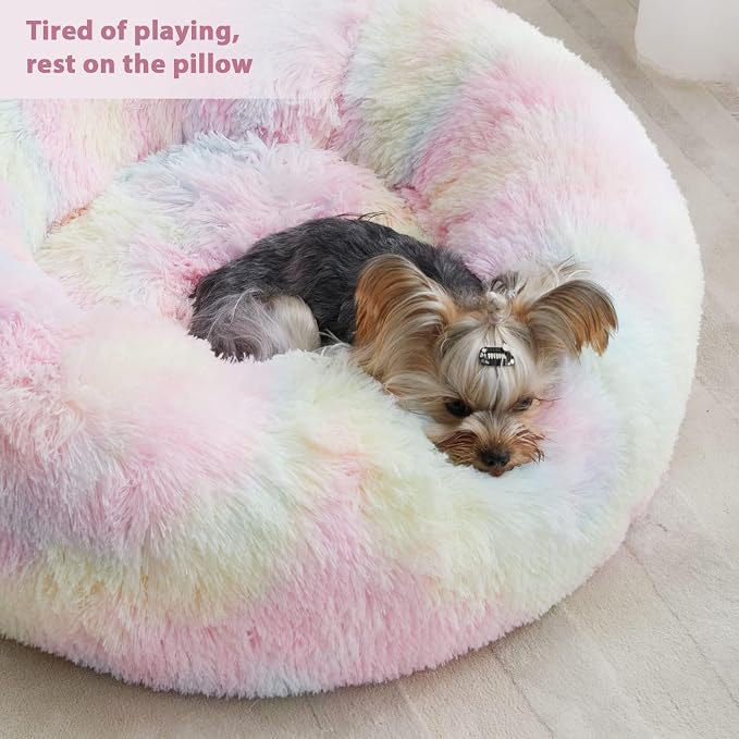 WNPETHOME Large Round Calming Dog Bed Cat Bed for Comfy Sleep | Large Cute Washable Puppy & Cat Bed with Fluffy Plush, Faux Fur Anti Anxiety Pet Bed Donut Cuddler (45x45x10 Inch, Rainbow)