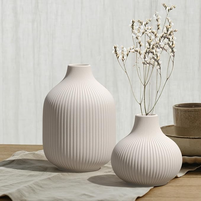 White Small Ceramic Vases Set of 3, Matte Vertical Ribbed, Minimalist for Pampas Dried & Fresh Flowers, Centerpiece for Living Room, Shelf, Entryway,Wedding,Office