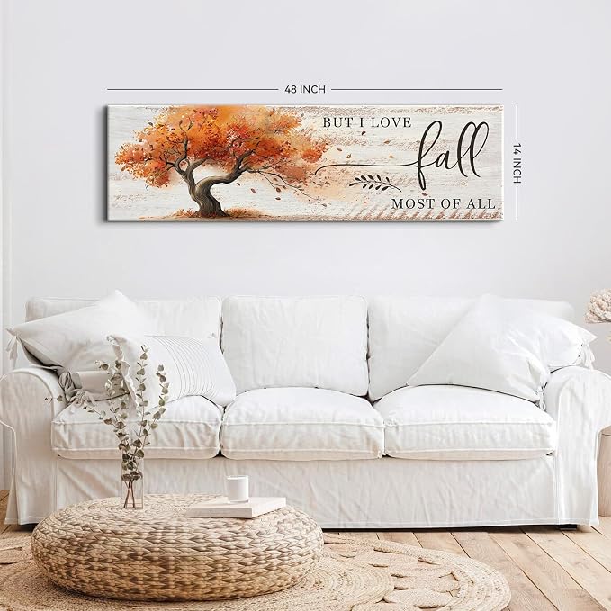 Fall Wall Art Autumn Tree Landscape Wall Decor Vintage Rustic Fall Picture Canvas Prints for Living Room Bedroom But I Love Fall Most of All Signs Poster Painting Holiday Artwork Home Decoration 14x48”