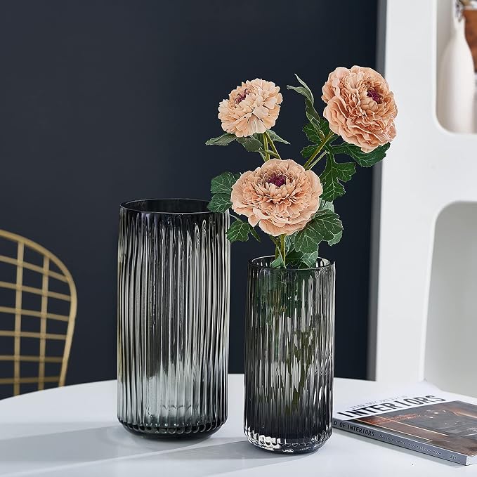 Flower Vase 10 inch Grey Thickened Hand Blow Glass Vase Round Vintage Striped Bottles for Bookshelf,Dinner Table,Indoor Office Desktop,Meeting Room,Bathroom,Countertop,Home