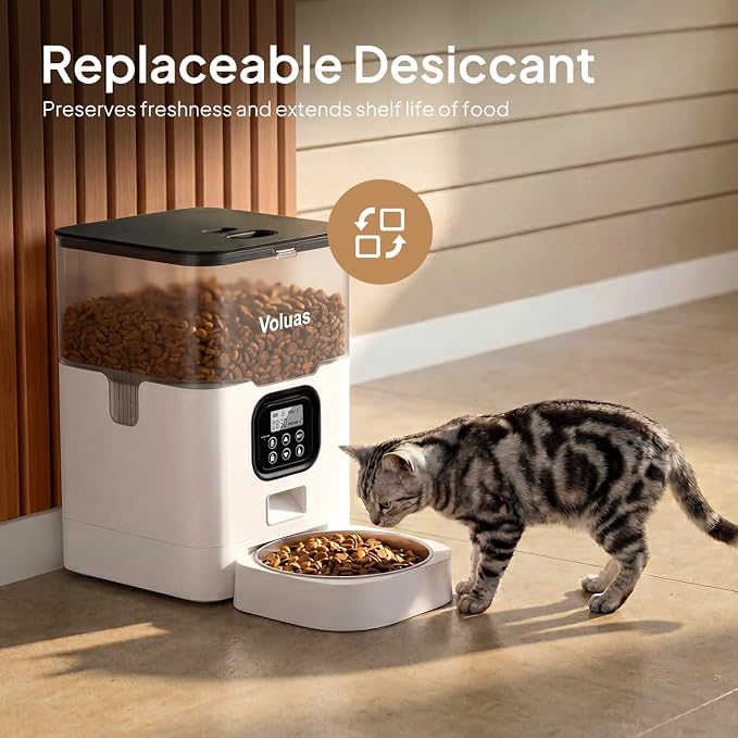 VOLUAS Automatic Cat Feeder, 4L Timed Dry Food Dispenser for Cats & Dogs | Programmable Portion Control, Up to 4 Meals Daily, Dual Power Supply, Power-Off Memory, 10-Second Voice Recorder