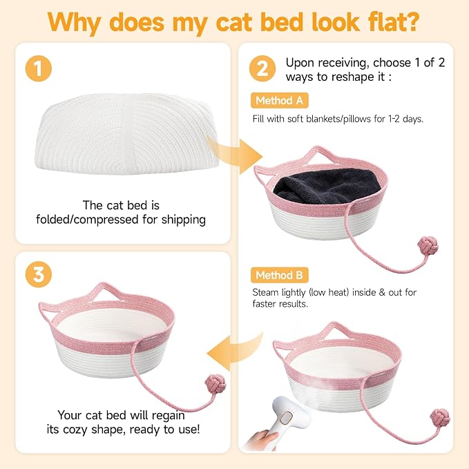 Cotton Rope Woven Cat Bed, Instinct Pet Basket with a Play Ball, Large | Foldable Cat Scratcher Basket for Indoor Cats, Puppies, Rabbits and Small Pets, Pink & White