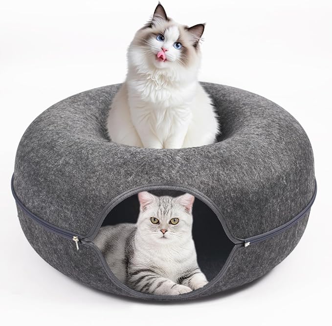 Cat Caves for Indoor Cats, Large Cat Tunnel for Multiple & Large Cats, Scratch Detachable Cave Bed, Kitten Donut Kitty Hideaway Up to 45 Lbs (Dark Grey, Large, 2 Pack)