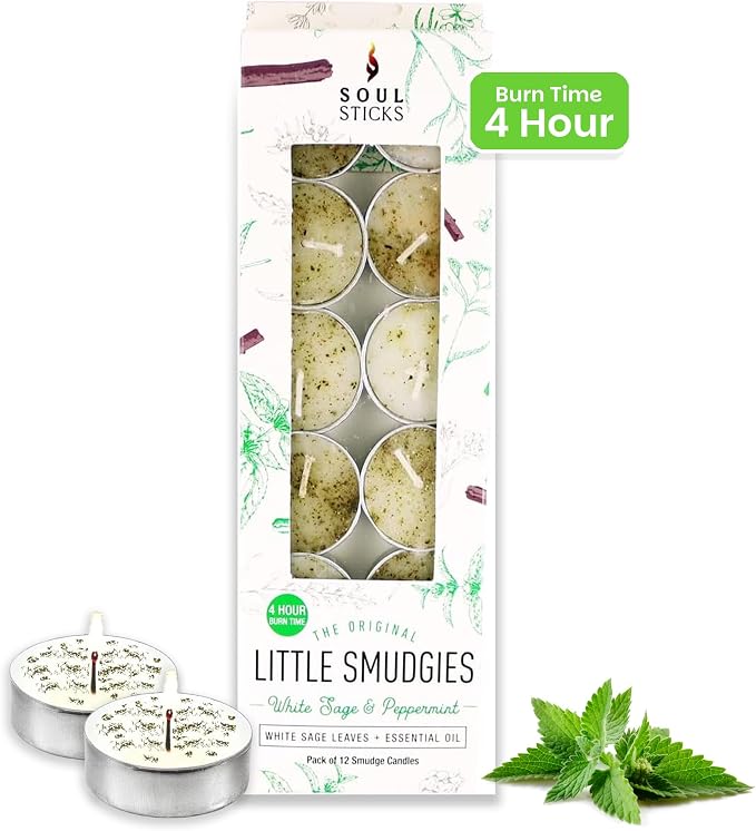 SOUL STICKS 12 Pack Little Smudgies Tealight Candles Smudge Candle for Cleansing House, Meditation, Chakra Healing | Made with Crystals and Herbs (White Sage & Peppermint)