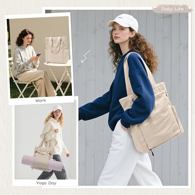 GOLF SUPAGS 3-in-1 Laptop Tote Backpack for Women 15.6" Quilted Work Gym Bag with Hidden Yoga Mat Carrier for Travel Leisure (Apricot)