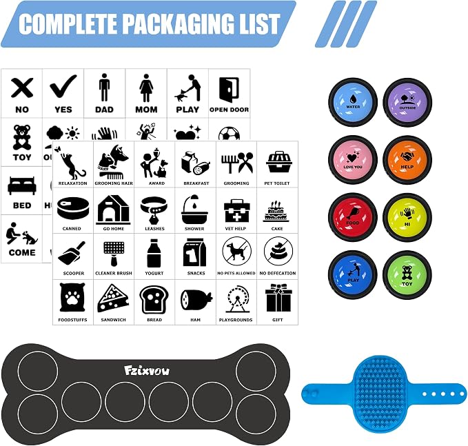 Dog Buttons for Communication 8 Pcs, 30s Recordable Dog Talking Buttons Starter Set with Anti-Slip Mat & 24 Scene Stickers, Pet Training Voice Buzzer