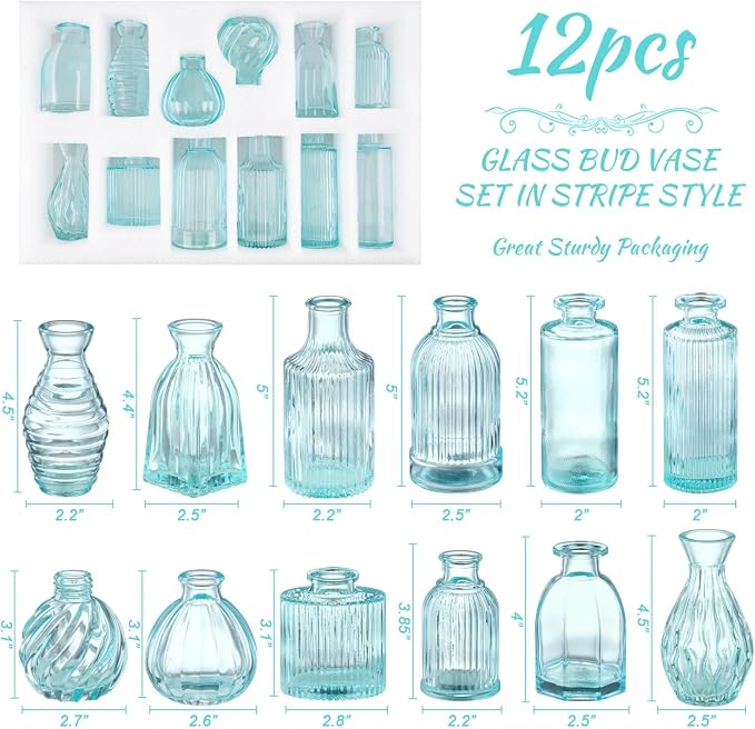 Bud Vases Set of 12 Blue Glass Vase for Decor | Small Vintage Flower Vase Ribbed Glass Bud Vases in Bulk Wedding Bridal Shower Party Centerpieces Home Room Table Decorations
