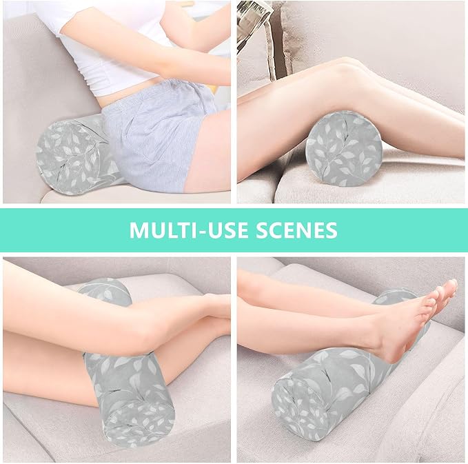 Grey Vine Leaves Neck Roll Pillow Bolster Round Health Memory Foam Long Cervical Cylinder Pillows with Removable Washable Cover for Body Bed Legs Back Yoga