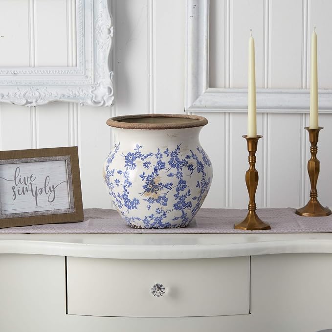 Nearly Natural 10.5in. Tuscan Ceramic Blue Scroll Urn Vase, Green | Vintage Floral-Print Planter, Premium Durable Construction, Elegant Country-Chic Presentation, Ideal for Tabletop Displays