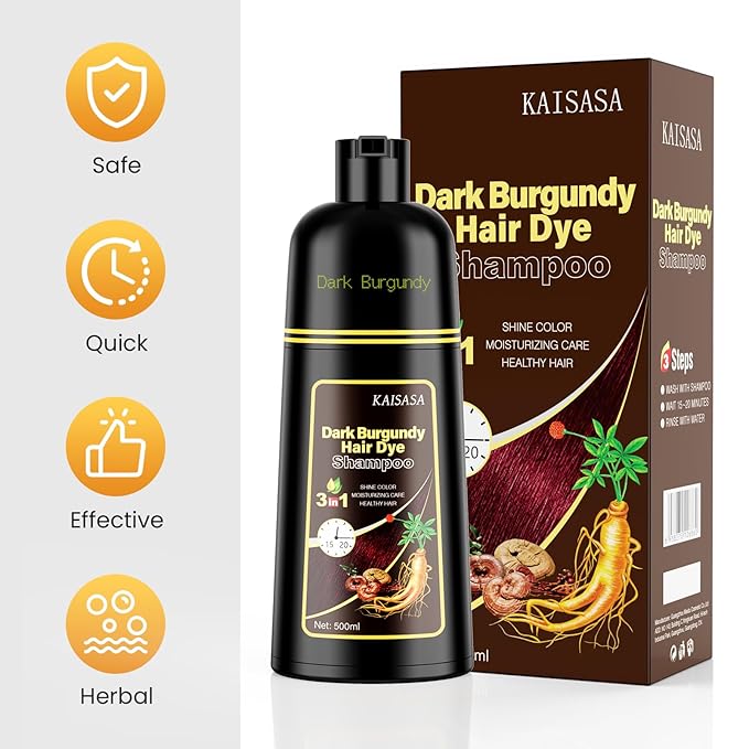 KAISASA Hair Dye Shampoo 3 in 1, Hair Color Shampoo for Women and Men, Hair Dye to Gray Hair, Herbal Ingredient Shampoos for Hair Coverage 500ml (Dark Burgundy)
