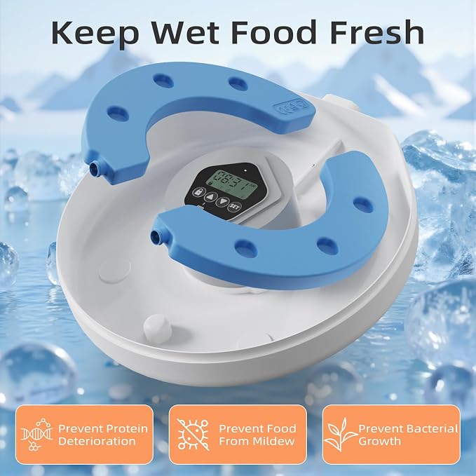 Automatic Pet Feeder for Wet & Dry Food, 5-Meal Timer Dispenser with 2 Ice Packs – Ice Tray Accessory, Freeze & Insert to Keep Pet Food Fresh & Cool, Extends Freshness in Automatic Feeders