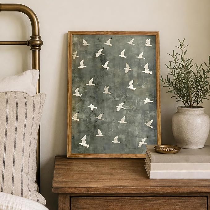 Framed Vintage Flying Bird Canvas Wall Art, Minimalist Abstract Flock of White Birds Pictures Wall Decor, Cottagecore Nature Wildlife Prints Paintings for Living Room Bedroom Home Office 16x24 inch