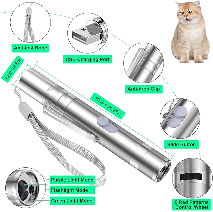Waputne Cat Toy, Green Light, Rechargeable, 3 Light Modes, 5 Fun Patterns | Interactive Chase Toy; Automatic Training & Exercise Fun; Kitten Toy for Indoor Cats & Dogs