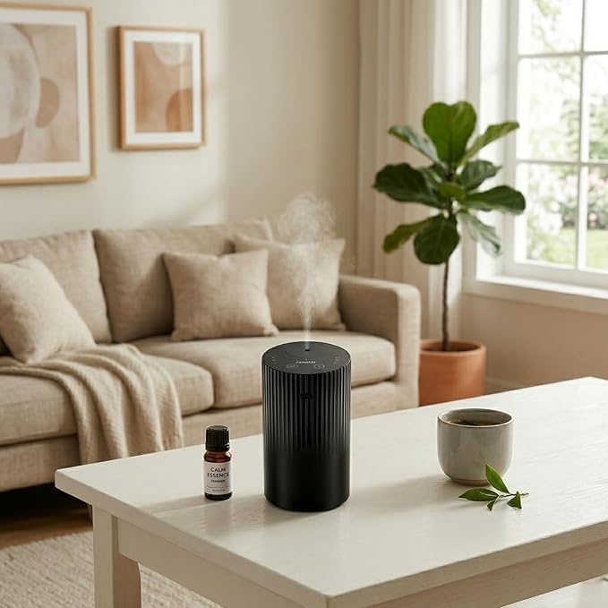 Waterless Essential Oil Diffuser, Portable Car Diffuser with Rechargeable Battery, Cordless Aromatherapy Diffuser for Home Office Bedroom, USB-C Nebulizing, 600 Sq Ft Coverage (Black)