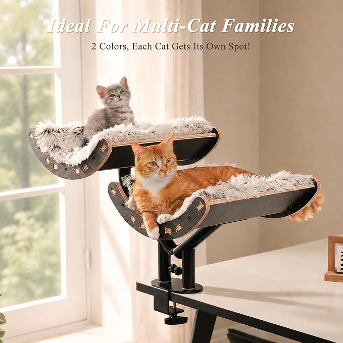 PEQULTI Desk Cat Bed for 2 Cats, 2-Tier 360° Rotating Cat Hammock, Black | Clamp-on desk-edge perch holds 50 lbs wobble-free; removable washable cushion; bunk bed for 2 cats; no-drill, furniture-safe