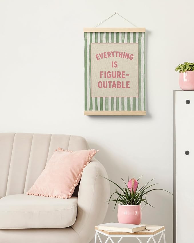 FGFK Preppy Pink and Green Everything Is Figureoutable Inspirational Framed hanging Canvas wall art Poster Prints office dorm room decor for women, Motivational posters decorations for home bedroom,12x16 Inch