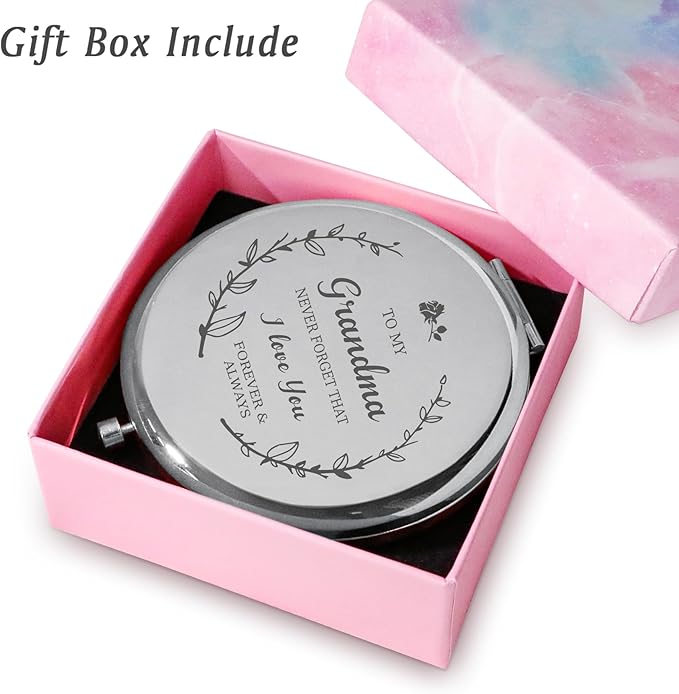 Grandma Gifts from Granddaughter Grandson, Personalized Gift for Grandma Grandmother, Custom Compact Mirror, Goodie Bag & Basket Stuffers for Valentines Day, Mothers Day, Birthday, Wedding