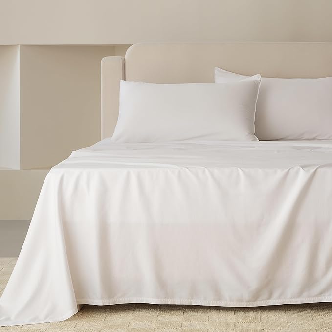 Double Stitch Cotton Tencel Sheet - Bed Sheets Set Queen Size, 4Pc Luxury Hotel Bedding Set, Soft, Cooling & Breathable for Hot Sleepers, Deep Pocket Up to 16 Inches, Bright White