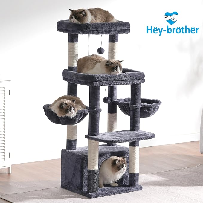 Hey-brother Cat Tree Tower with Extra Large Platform, Big Condo, MPJ070G | 51.1 Inches Scratching Posts with 2 Cozy Hammocks, Self-Grooming Brush for Indoor Adult Cats, Maine Coon, Smoky Gray