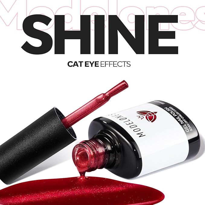 modelones Red Cat Eye Gel Polish Burgundy Red Gel Polish Magnetic Glitter Holographic Ruby Red Gel Nail Polish Valentine Reflective Jelly UV Gel 15 ML