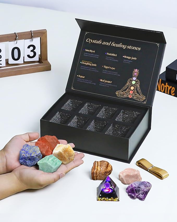 Chakras Crystals and Healing Stones Set with Worry Stones - 7 Chakra Stones, (2-2.5 in) Large Real Raw Crystals Positive Energy for Spiritual Meditation, Birthday Gifts for Women, Valentine's Day Gift