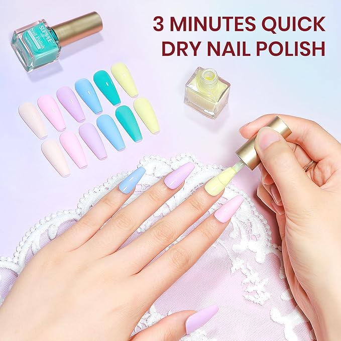 Pastel Nail Polish Set, Quick Dry Spring Summer Macaron Nail Polish Non Gel Air Fast Drying Fingernail Lacquer Natural Neutral Manicure DIY Salon Gift(Pink Yellow Purple Blue Green Colors)