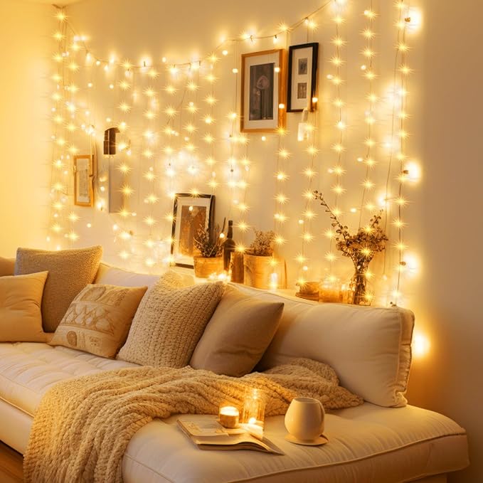 Minetom Curtain Lights, 300 LED Dimmable Fairy Lights with Remote and Timer, 8 Modes, USB Powered String Lights for Room Wall Party Xmas Indoor Decor, Warm White, 2 Pack