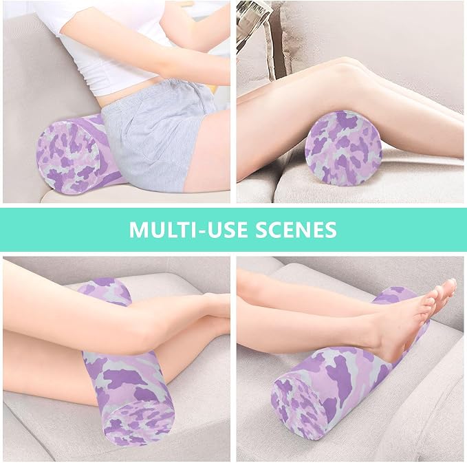 Purple Cow Print Neck Roll Pillow Bolster Round Health Memory Foam Long Cervical Cylinder Pillows with Removable Washable Cover for Body Bed Legs Back Yoga
