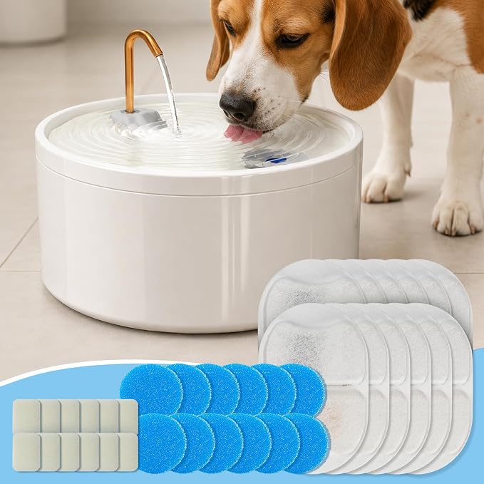 MISFANS Ceramic Dog Water Fountain Filters, 36-Piece Replacement Set | 12 Filters, 12 Pre-Filter Sponges, 12 Pump Sponges, Multilayer Media, Fits MISFANS 4L Ceramic Fountains, 3-4 Month Supply