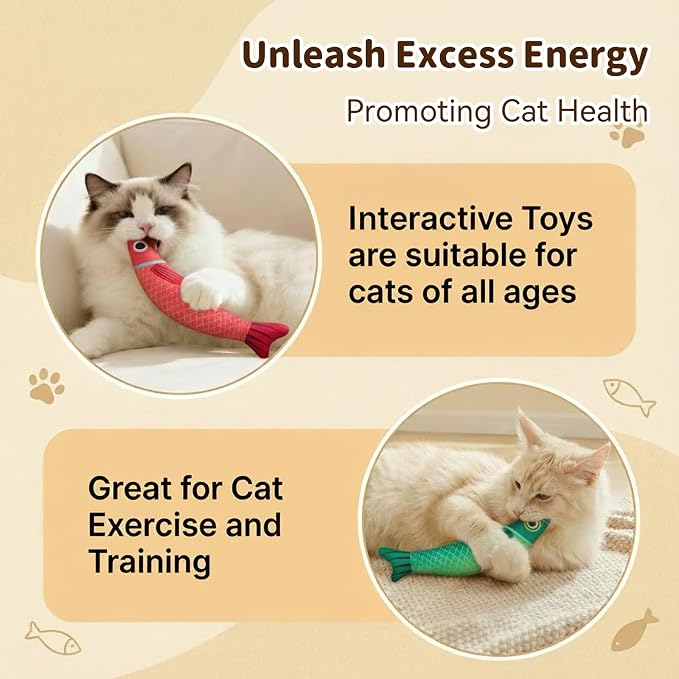 Cat Toys for Indoor Cats, Fish-Shaped Pillow, 2 Pack Red+Green
