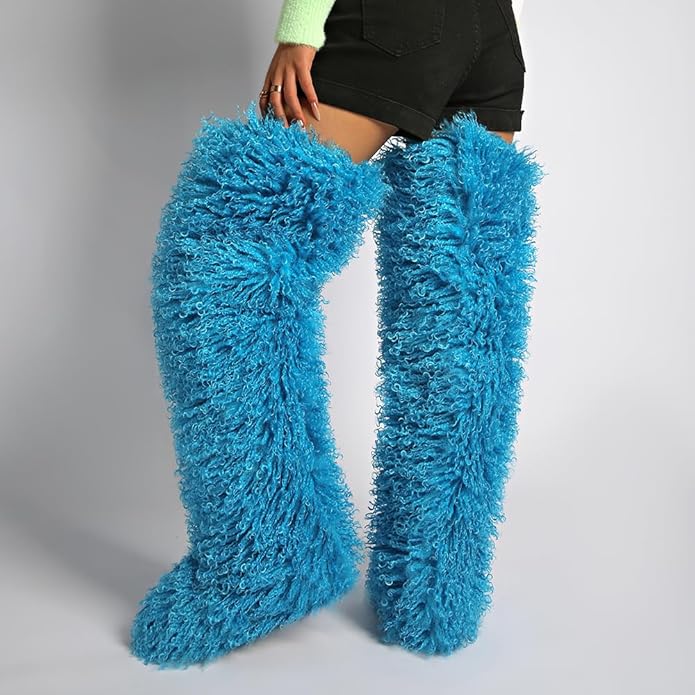 SWEETHEART BEAUTY Thigh High Shagy Teddy Fur Boots, 29 Inch Over the Knee Length Fluffy High Boots, Tall Furry Shoes For Women