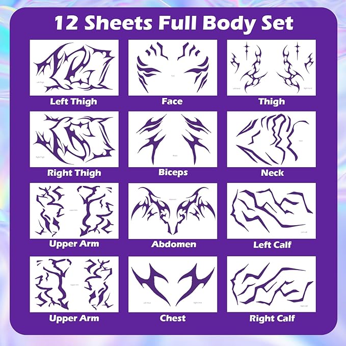Temporary Tattoos For Men and Women - 12 Sheets Full Body Tattoos Stickers Waterproof Movie Cosplay Costume Accessories for Boys Girls Festival Party Rave Stage Makeup Decoration(Purple)