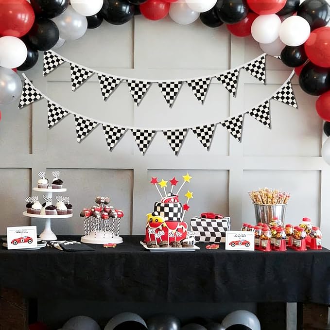 Boys Room Wall Art Decor,Cars Room Decor for Toddler Nursery Playroom, Black and White Checkered Garland Banners,(Set of 2)Racing Flags 11Ft Bunting Flags Fabric for Baby Shower Birthday Party