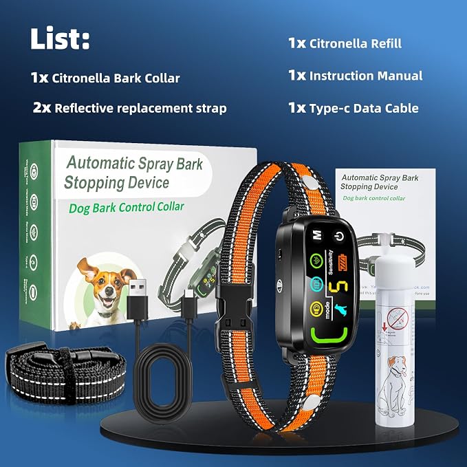 Citronella Bark Collar for Dogs, 5 Training Modes & Levels, 1 Spray Refill | Anti Barking Training Collar, beep/vibration/spray modes, IP65 waterproof, for S/M/L Citronella Collar, with 2 straps, Orange