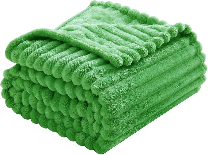 Bright Green Fleece Throw Blanket 60”×80” for Couch Sofa Livingroom | Super Soft Cozy Plush Microfiber Flannel Bed Blanket Striped Design Lightweight Home Decor Gifts for Adults Mom Women