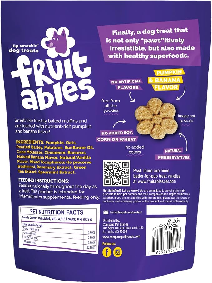 Fruitables Baked Dog Treats, Low Calorie Treats, Pumpkin & Banana, 7oz | Healthy Dog Treats, Training Treats, Crunchy Dog Biscuits, Limited Ingredient Recipe, Healthy Puppy Snacks, Made in USA