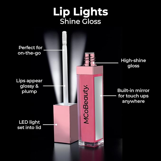 MCoBeauty - Lip Lights Shine Gloss - Berry Pink Lip Gloss - High Shine Glass-Like Finish with Built-In LED Light & Mirror - Moisturising Lightweight - Face Makeup