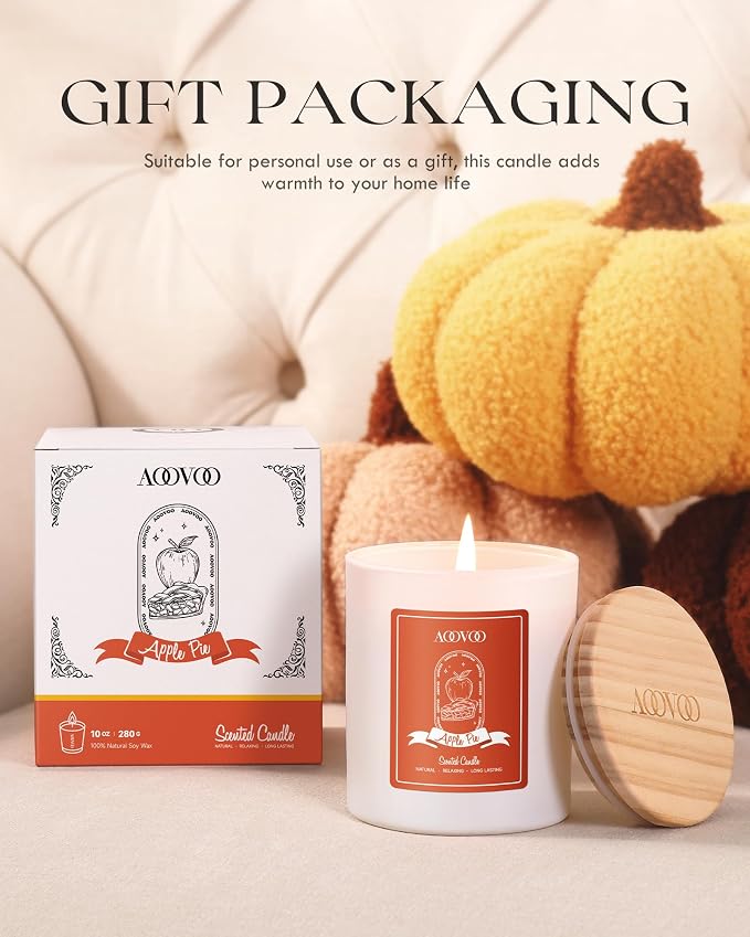 AOOVOO Apple Pie Scented Candles for Women - Aromatherapy Candle with Crystals Inside, 10oz Soy Candles for Home Scented, Birthday Gifts Christmas Day Candle for Mom Women