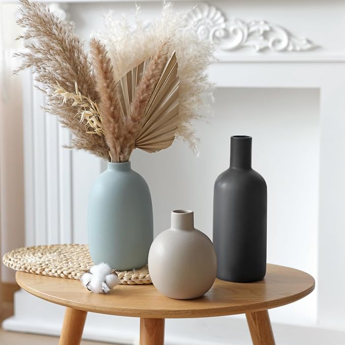 Large Ceramic Vase Set of 3, Neutral Vases Home Decor Waterproof | Farmhouse Vases for Pampas Grass & Dried Flowers and Table Living Room Home Decor
