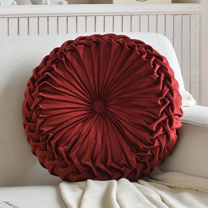 Teieas Round Pillows Velvet Pleated Circle Pillow Floor Pillows Burgundy | Boho pumpkin bed decoration pillows,for bedroom,couch,chair,sofa,car,home 14.96''