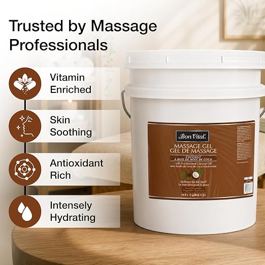 Bon Vital' Coconut Massage Gel, 5 Gallon, Lightweight Formula with Pure Fractionated Coconut Oil, Professional Therapy Lotion, Hydrating and Unscented