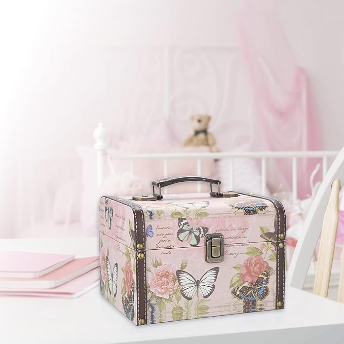 ELLDOO Decorative Treasure Chest Box, Wooden + PU Leather Storage Box for Jewelry Trinkets, Keepsakes box for Girls Women Gifts (Butterfly Pattern, Large)