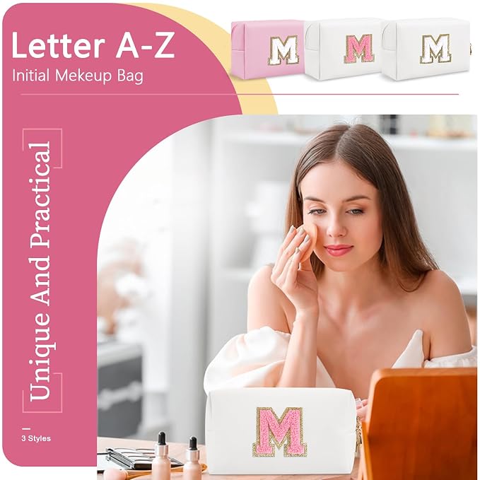 Personalized Makeup Bag Initial A-Z Preppy Patch Bag,Small PU Leather Travel Cosmetic Bag Pouch with Zipper,White Cute Toiletry Bag,Gift Ideal for Teen Girls Women Birthday Friend Mom,Letter M